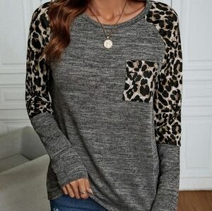 Beautiful gray and leopard cheetah animal print long sleeve top